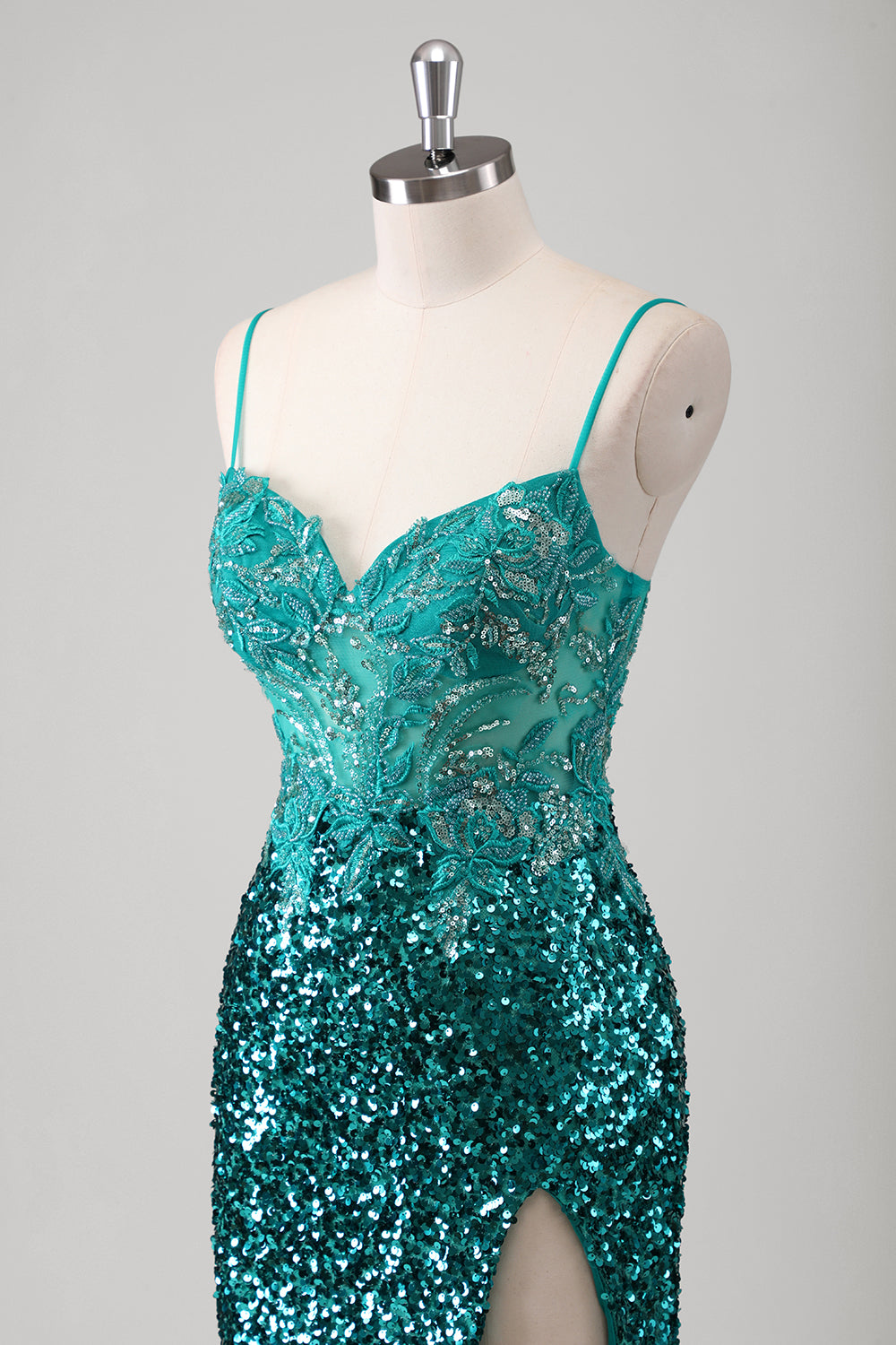 Vestido de fiesta largo con tirantes de espagueti verde sirena verde pavo real con lentejuelas
