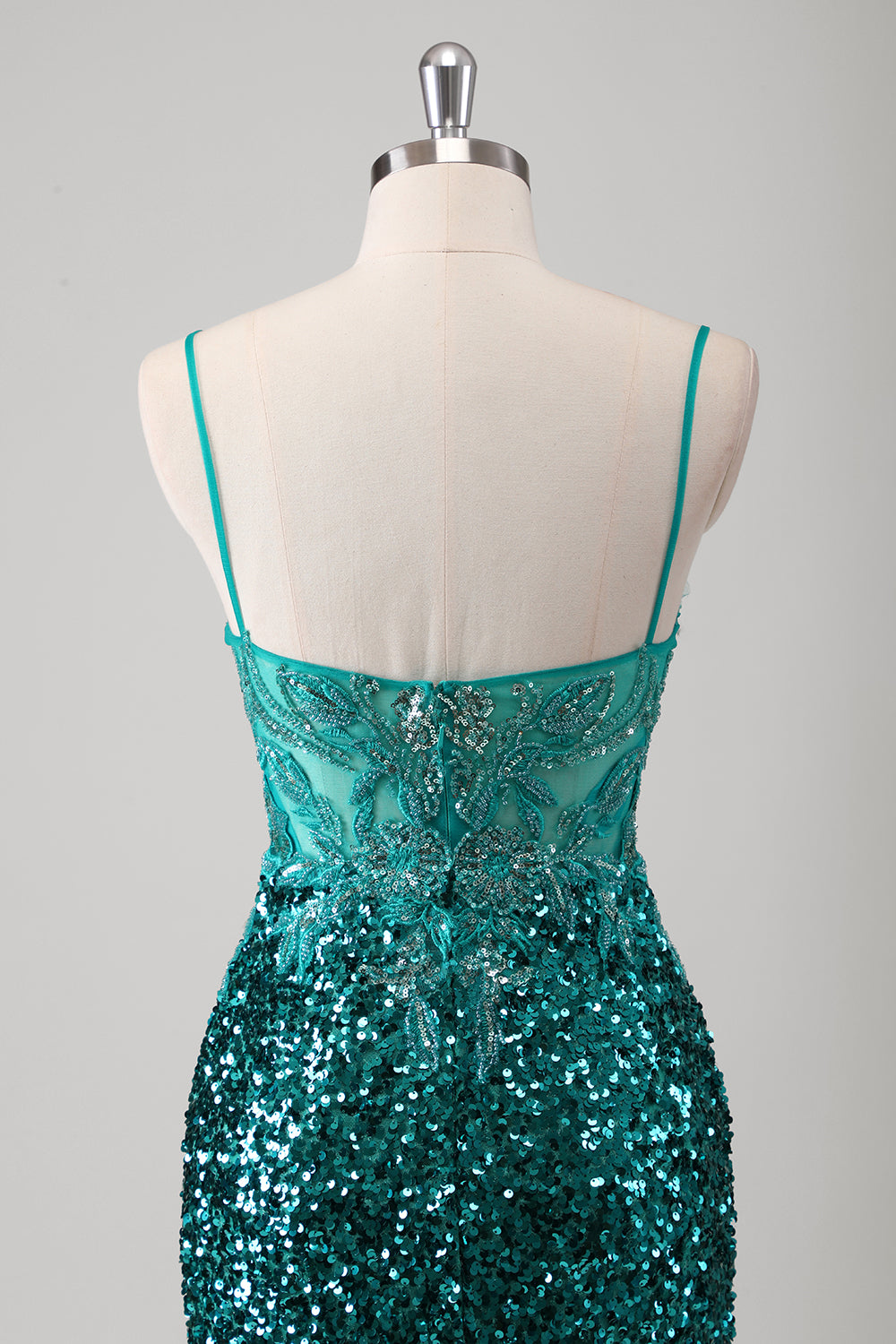 Vestido de fiesta largo con tirantes de espagueti verde sirena verde pavo real con lentejuelas