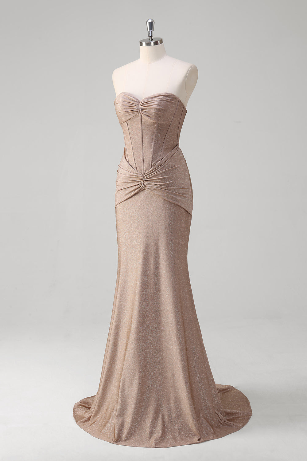 Vestido de fiesta plisado con corsé sin tirantes de sirena caqui