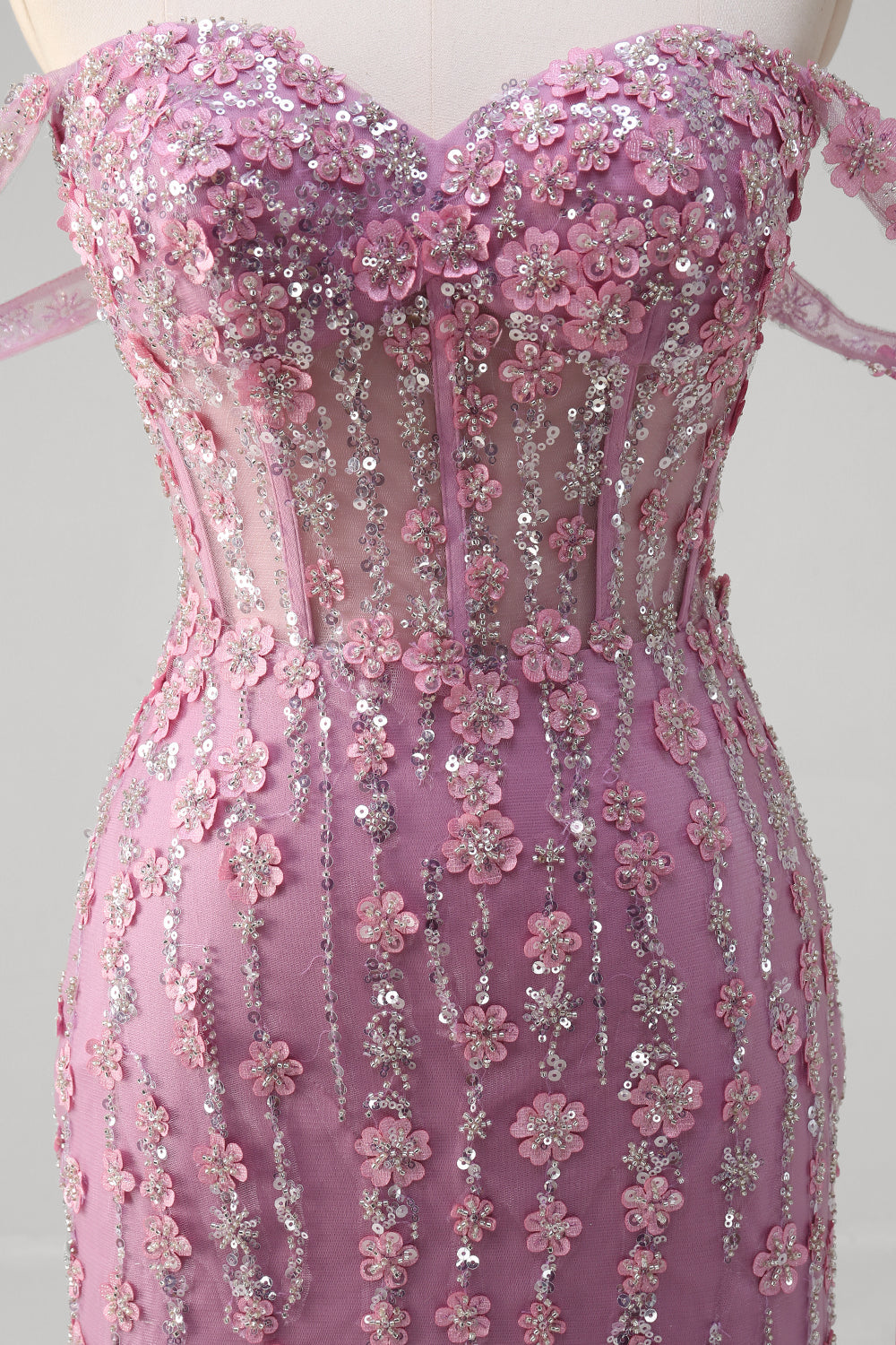 Vestido de fiesta largo con corsé largo con apliques de sirena morado gris con hombros descubiertos y tul
