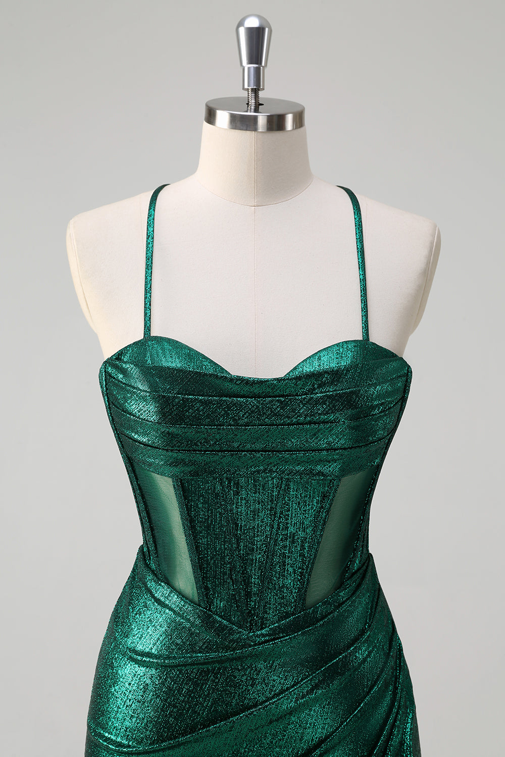 Glitter verde oscuro Corsé de sirena Vestido de fiesta metálico fruncido con abertura