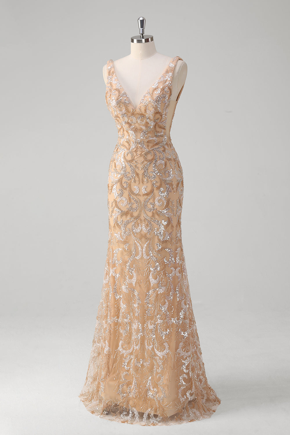 Vestido de fiesta largo con lentejuelas con escote en V y sirena champán