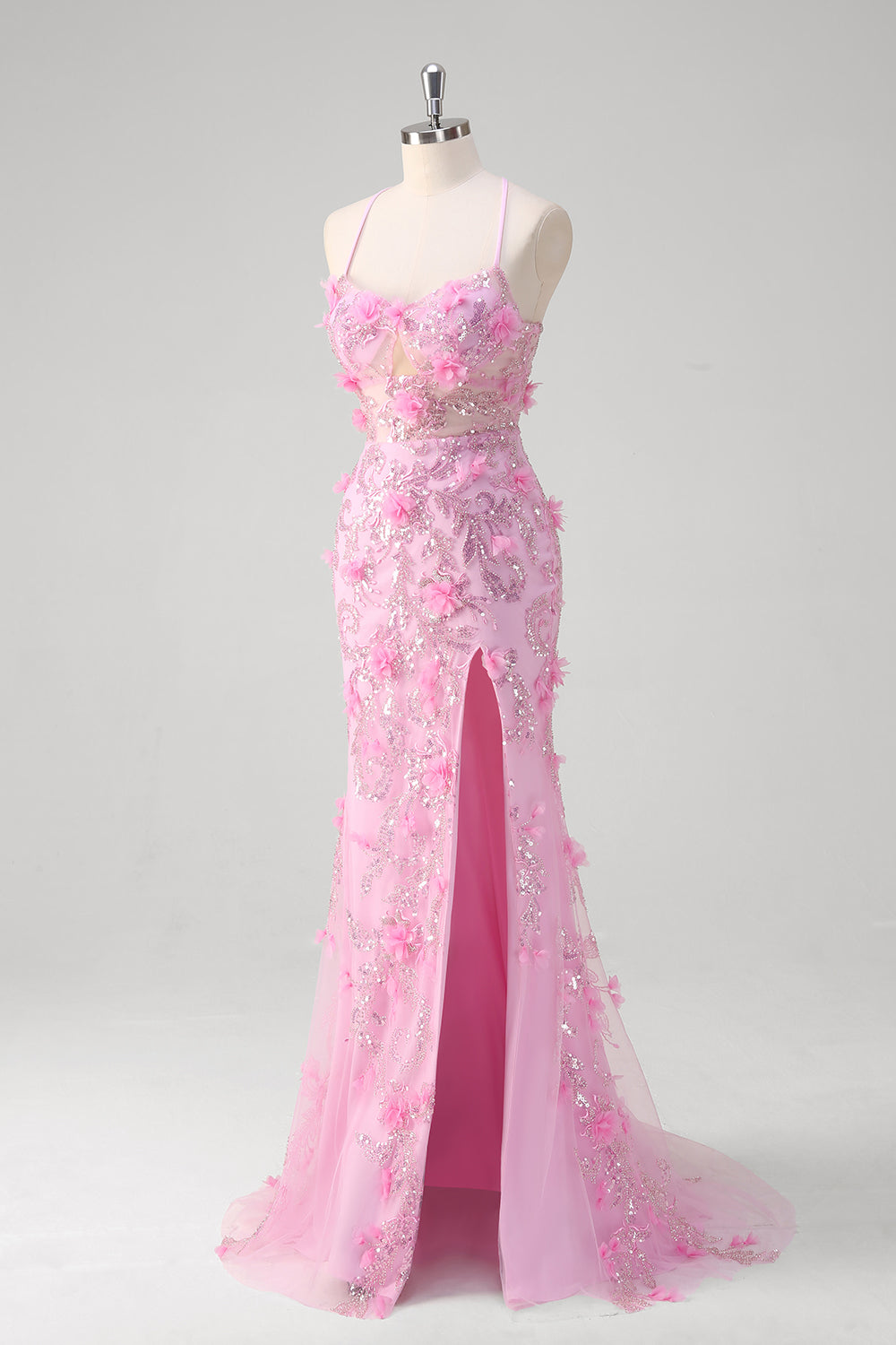 Vestido de fiesta de lentejuelas con tirantes de espagueti de sirena rosa con flores en 3D
