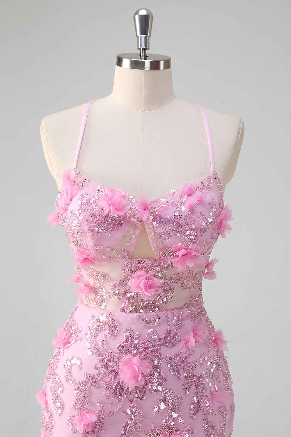 Vestido de fiesta de lentejuelas con tirantes de espagueti de sirena rosa con flores en 3D