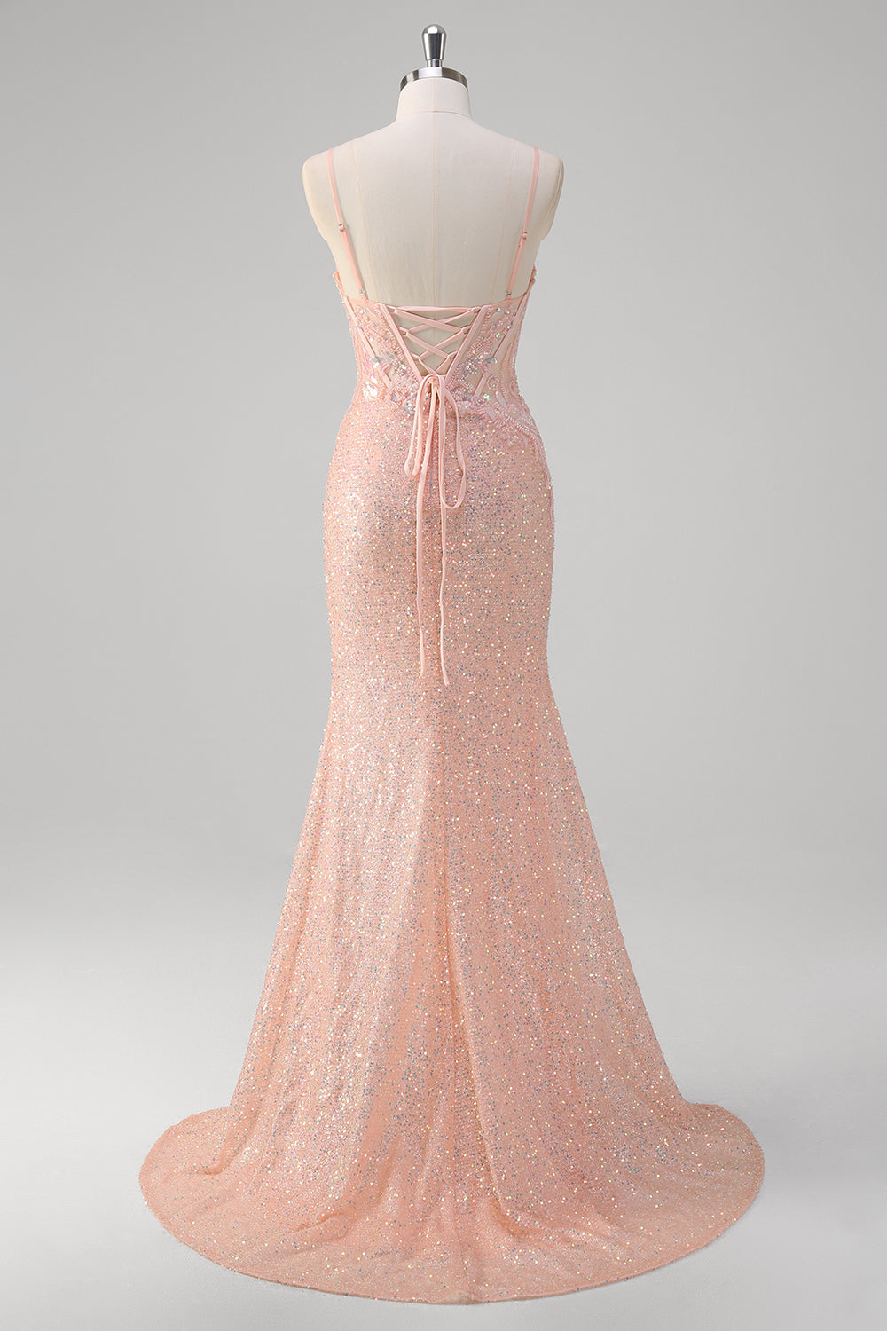 Vestido de fiesta largo de lentejuelas con correas de espagueti de sirena rubor