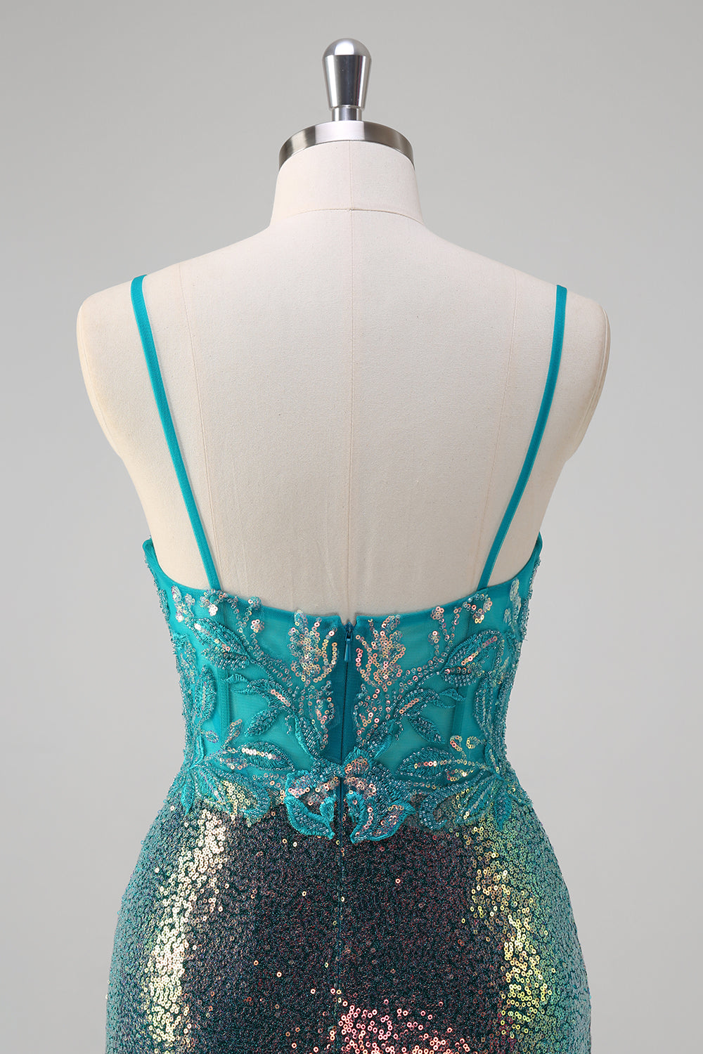 Vestido de fiesta de lentejuelas con correas de espagueti verde pavo real