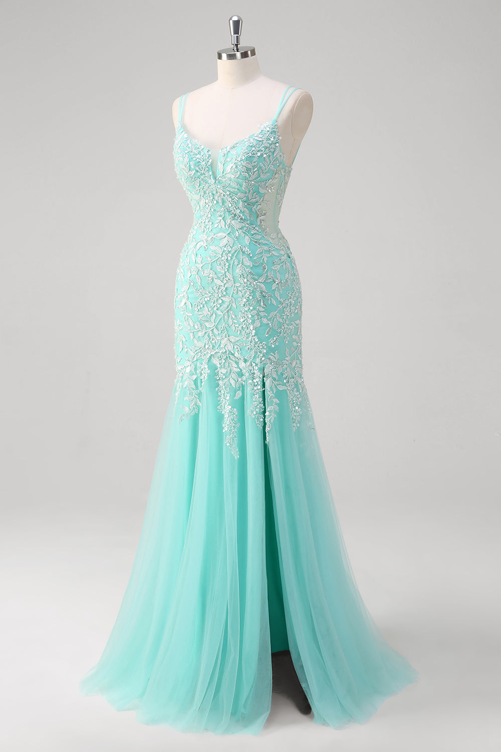 Vestido largo de fiesta de encaje de sirena menta brillante con abertura