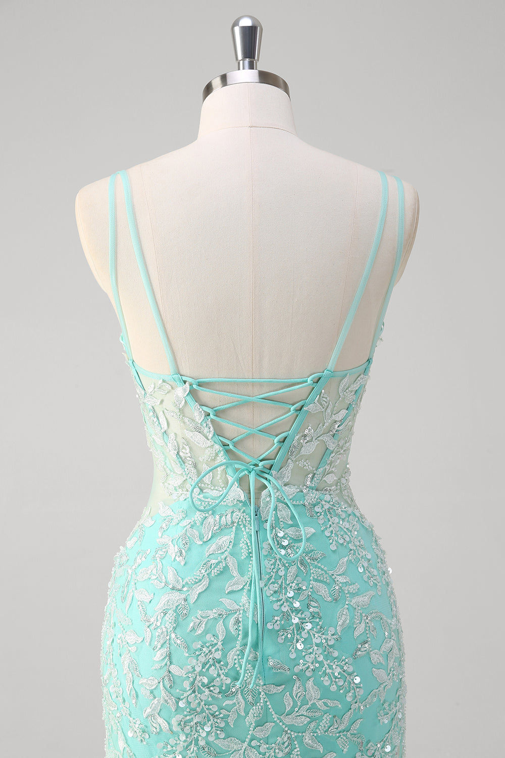 Vestido largo de fiesta de encaje de sirena menta brillante con abertura