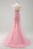 Sirena rosa brillante Tirantes de espagueti Lentejuelas Corsé largo Vestido de fiesta