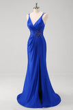 Vestido de fiesta largo con tirantes de espagueti azul real brillante con abertura
