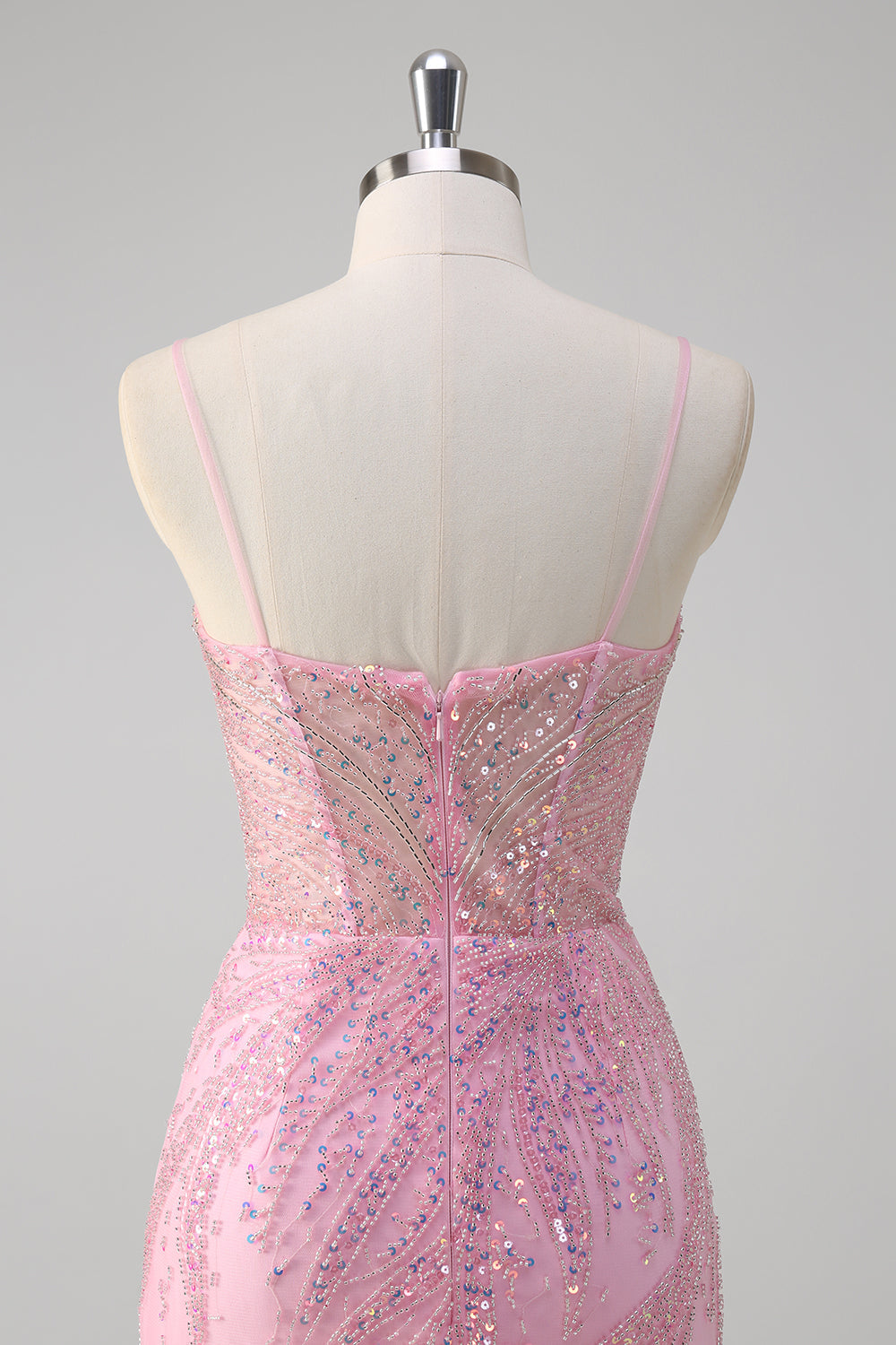 Vestido largo de fiesta con correas de espagueti de lentejuelas de sirena rosa