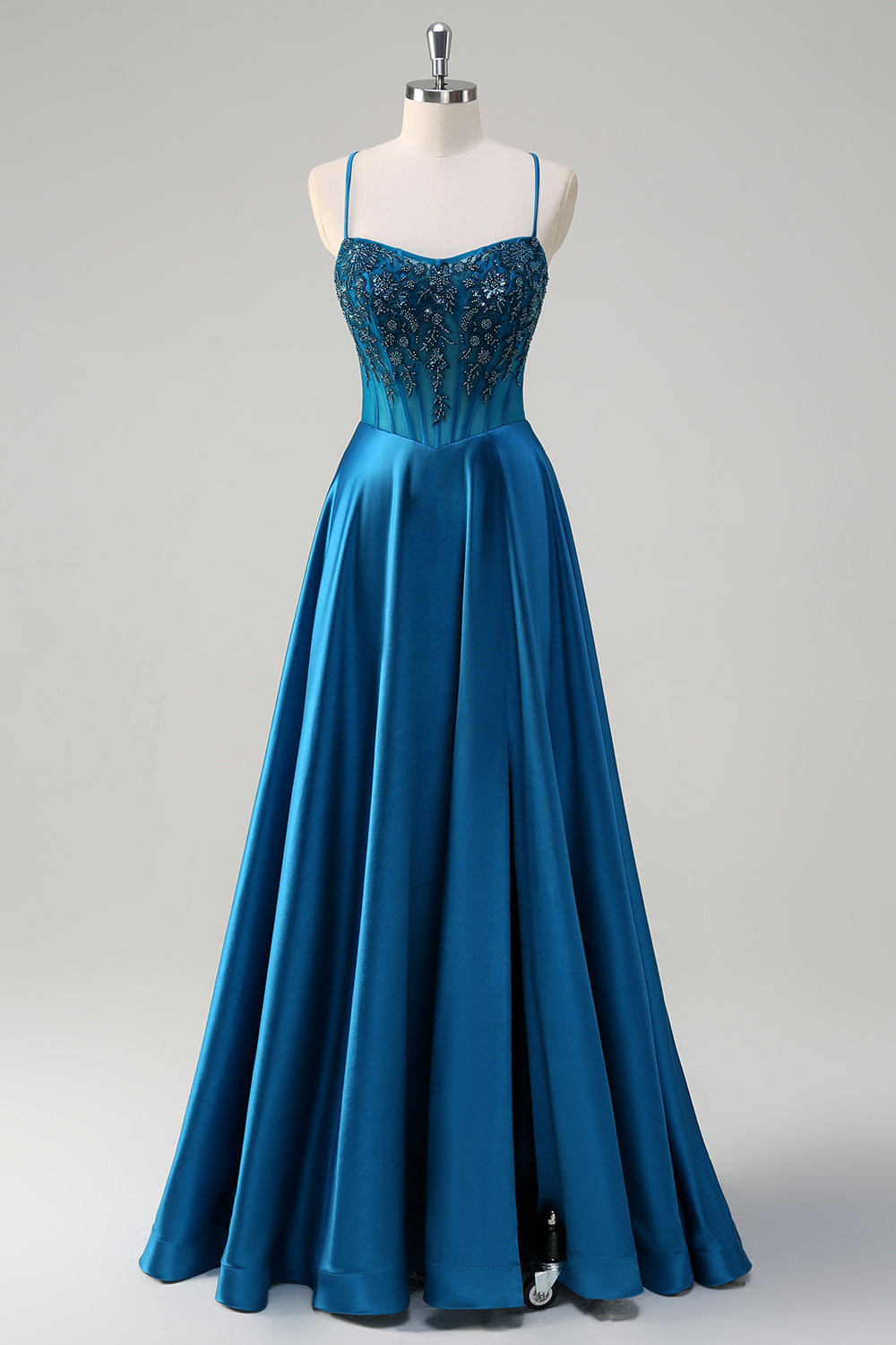 Corsé azul brillante Vestido de fiesta largo con tirantes finos y lentejuelas