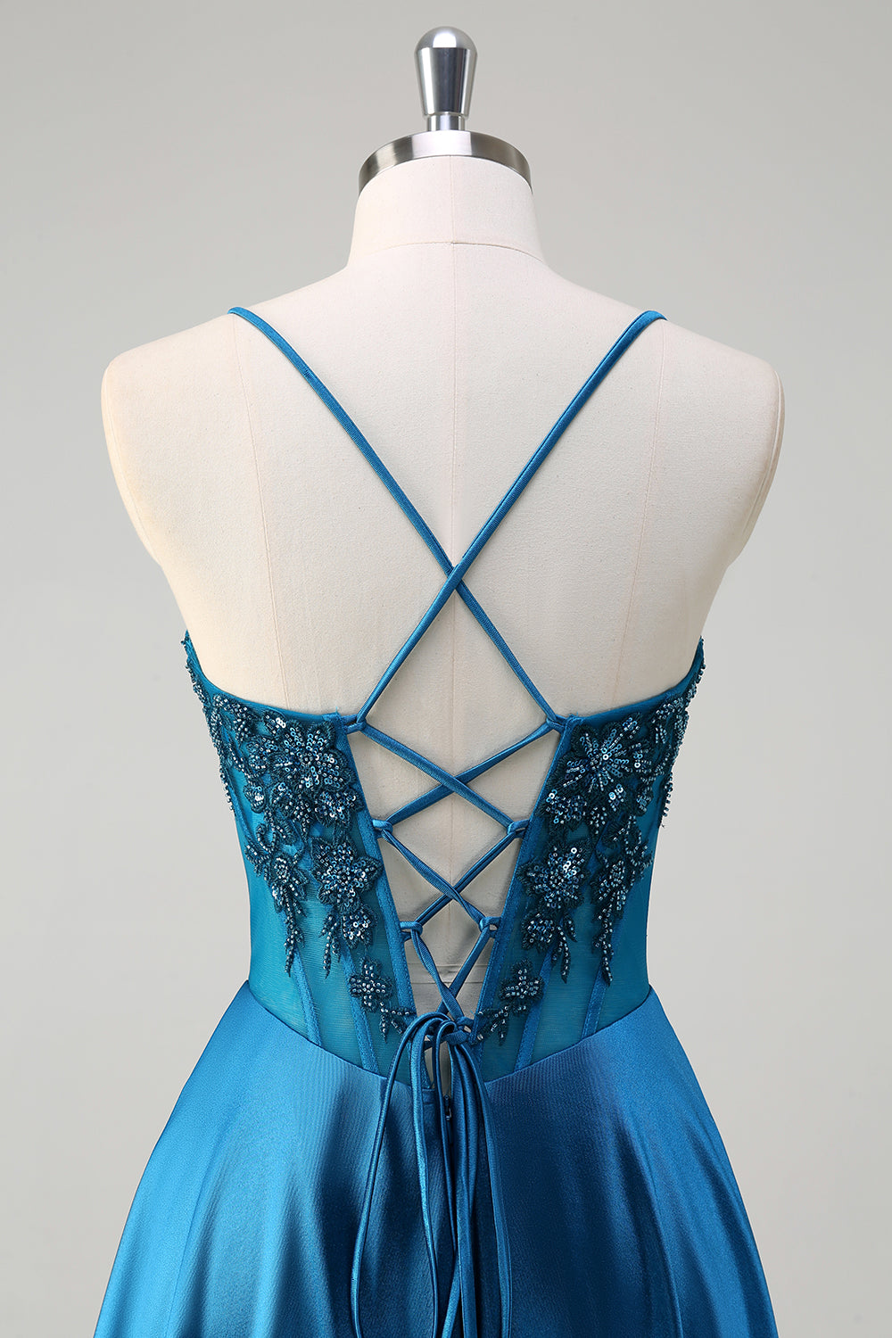 Corsé azul brillante Vestido de fiesta largo con tirantes finos y lentejuelas