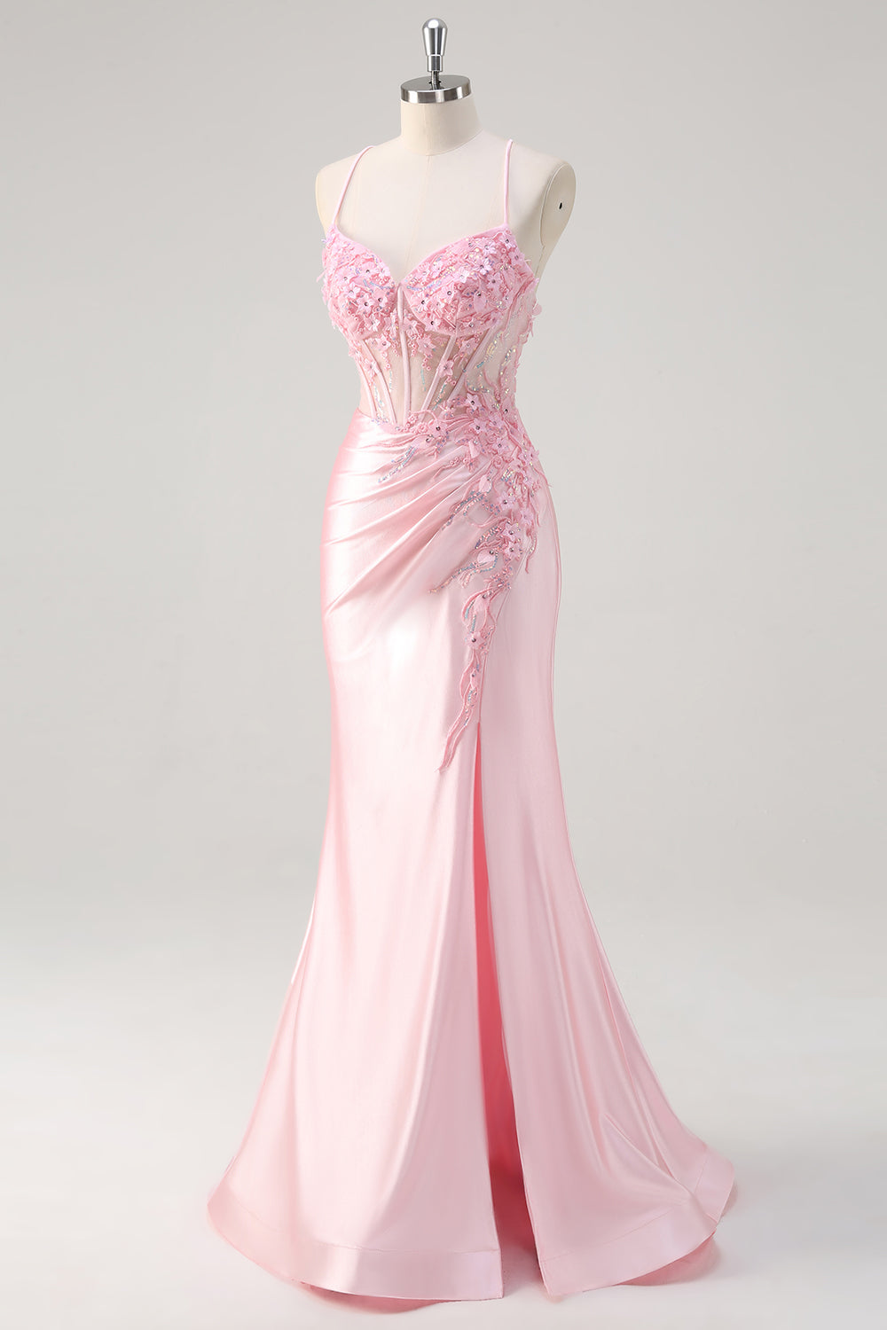 Corsé de sirena rosa Vestido de fiesta floral con abertura