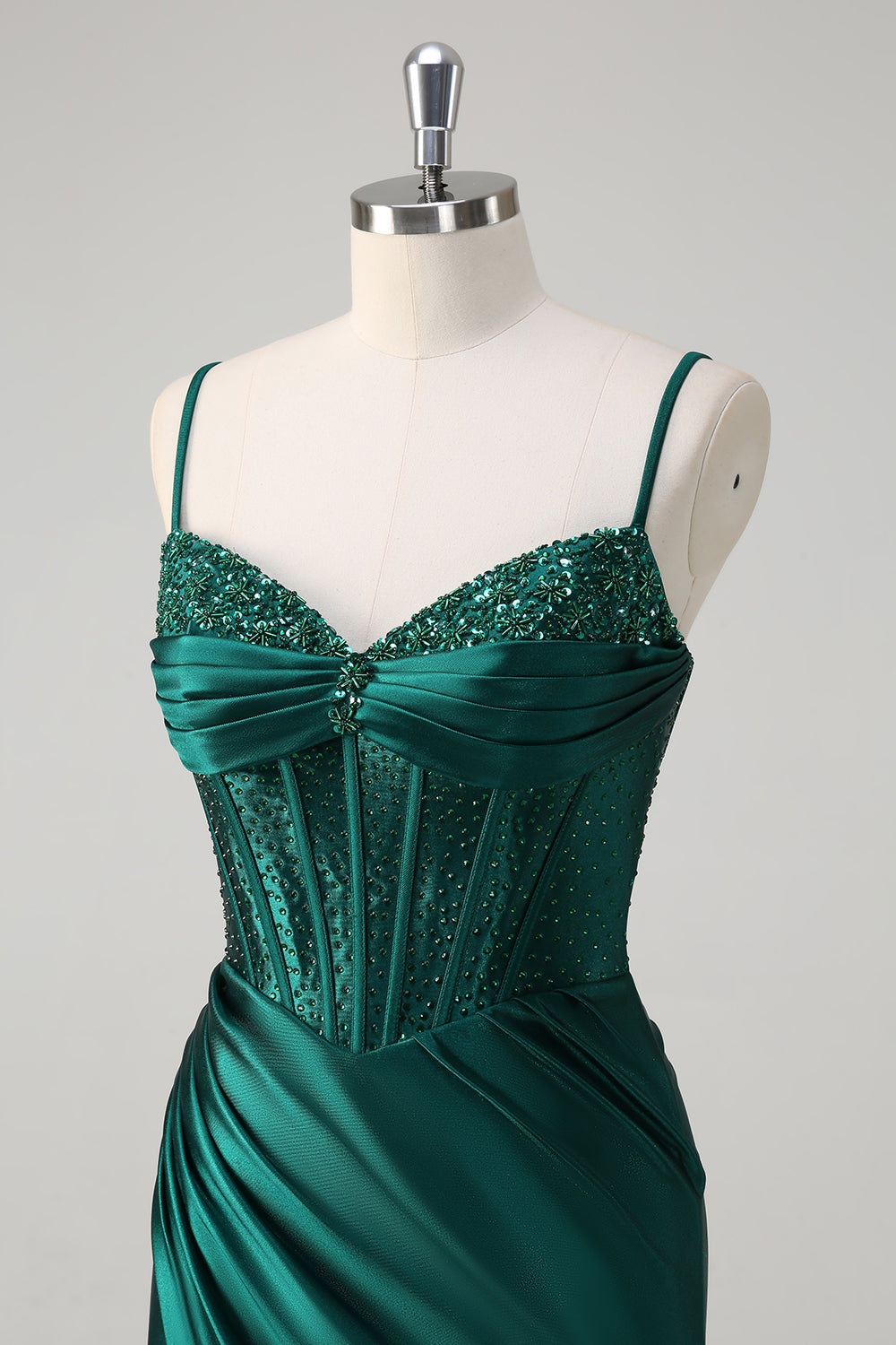 Corsé de sirena verde oscuro brillante Vestido de fiesta largo con cuentas con abertura