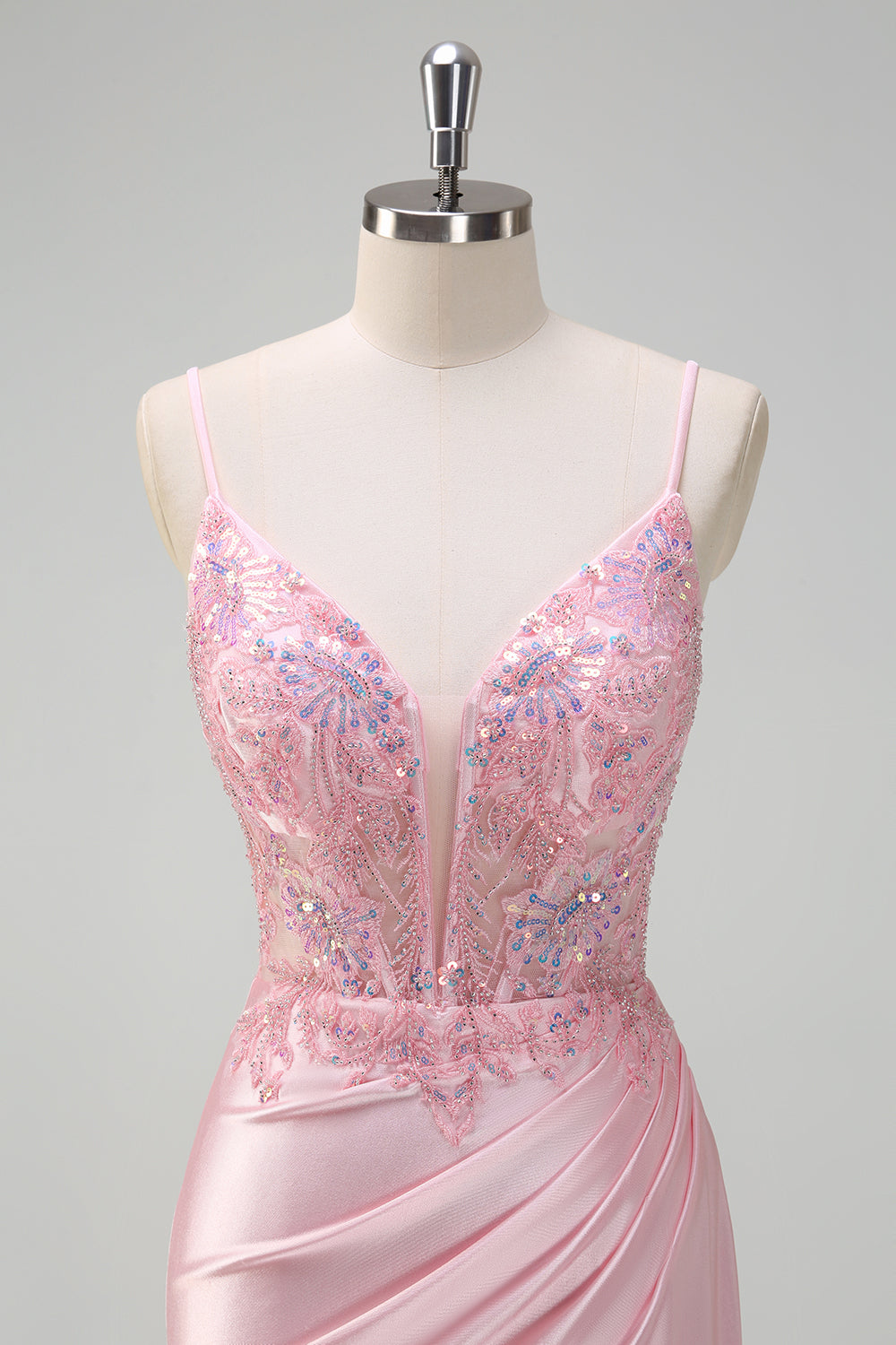 lentejuelas brillantes sirena rosa claro vestido de fiesta con corsé fruncido con abertura