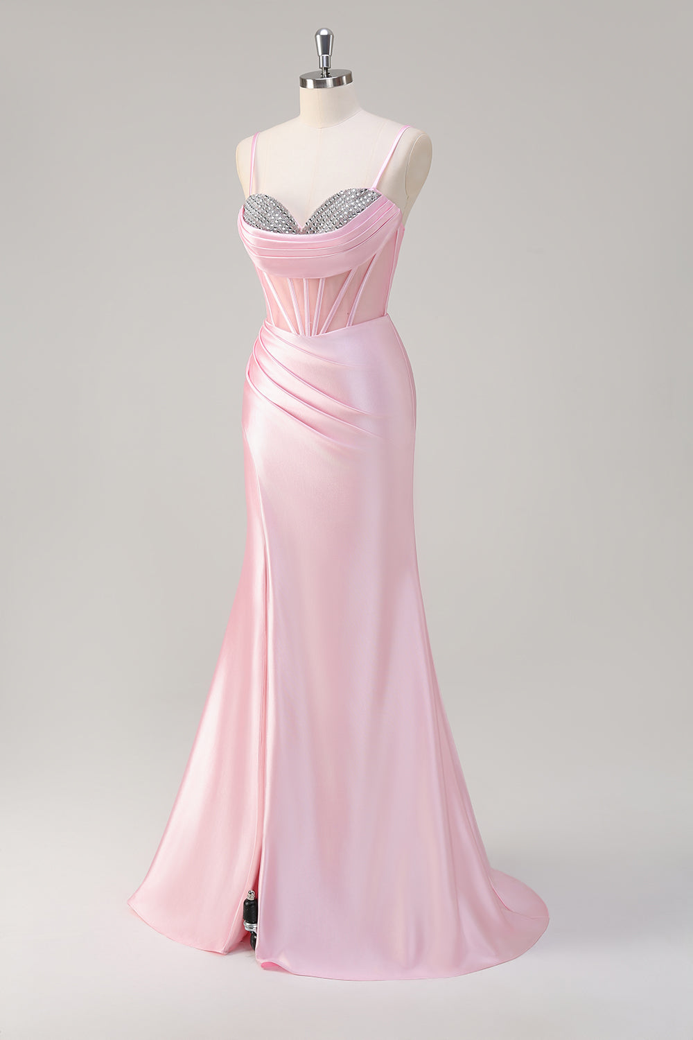 Vestido de fiesta con corsé de tirantes de espagueti de sirena rosa con abertura