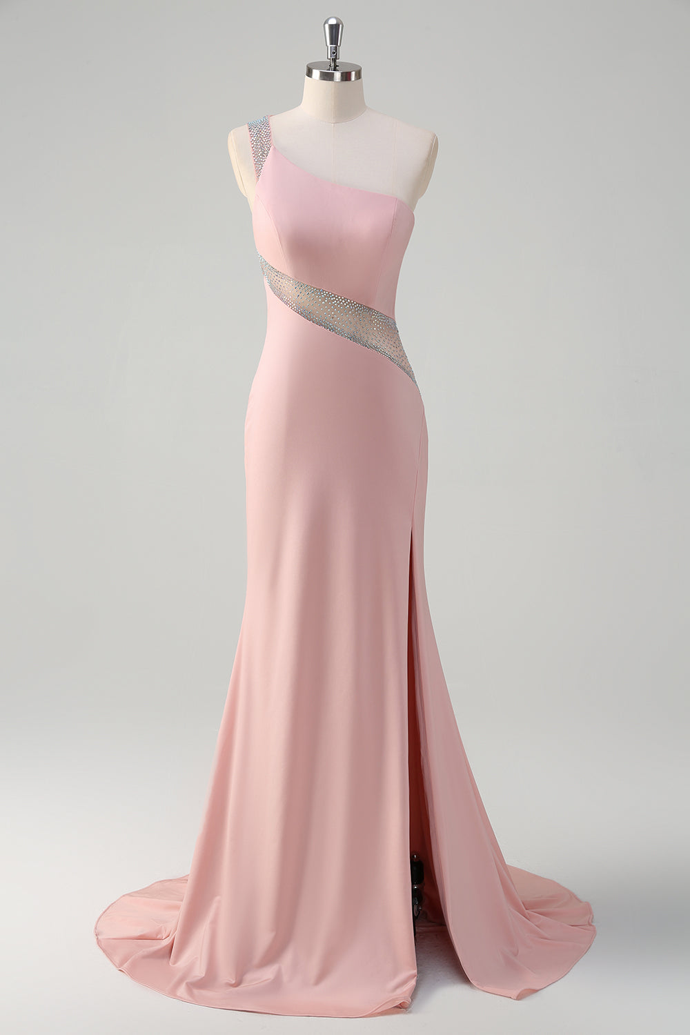 Vestido de fiesta largo de satén con cuentas de sirena rosa claro brillante de un hombro con abertura