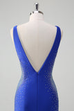 Vestido de fiesta largo de satén con cuentas de sirena azul real brillante con cuello en V