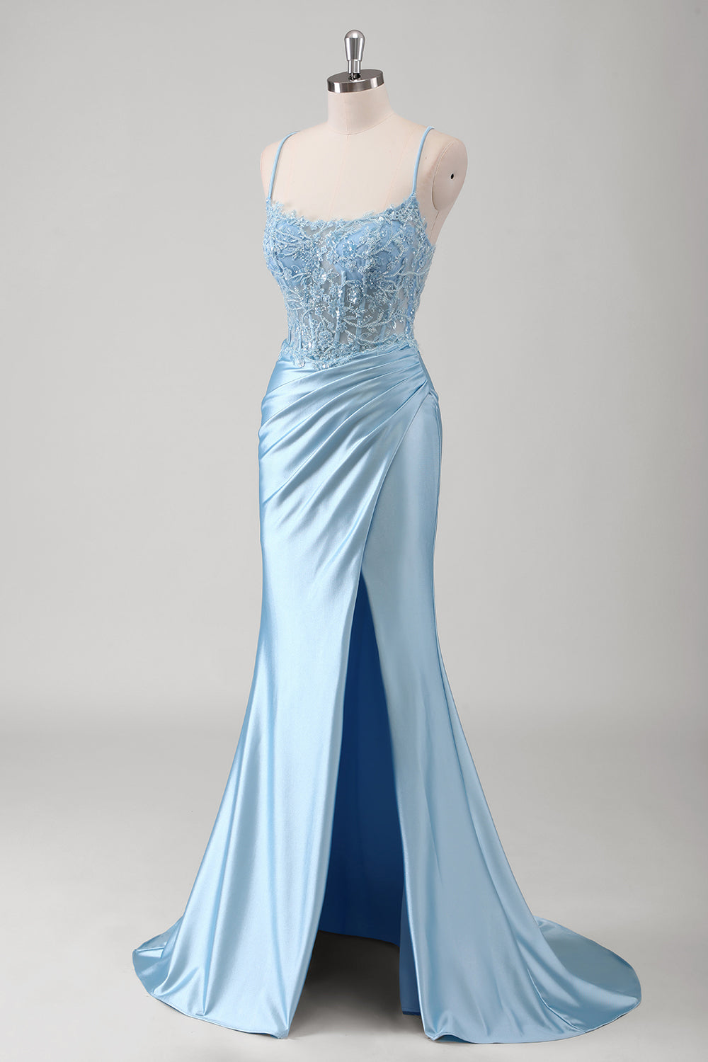 Corsé de sirena azul Tirantes finos Vestido de fiesta largo con apliques