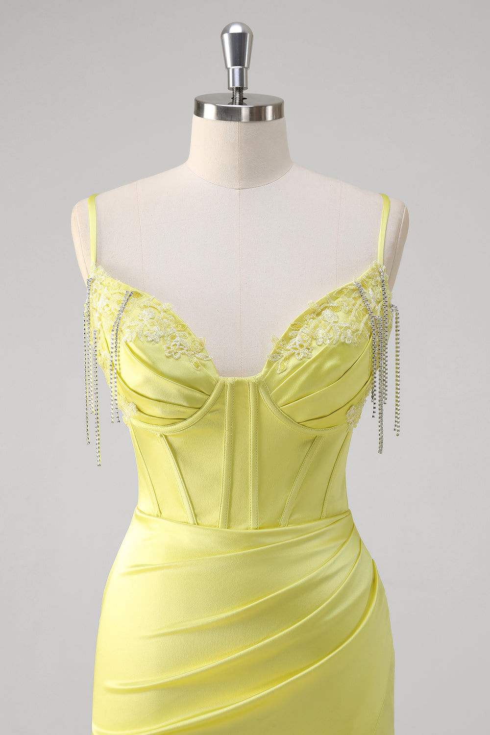Corsé de sirena amarillo Vestido de fiesta largo con tirantes finos y abertura