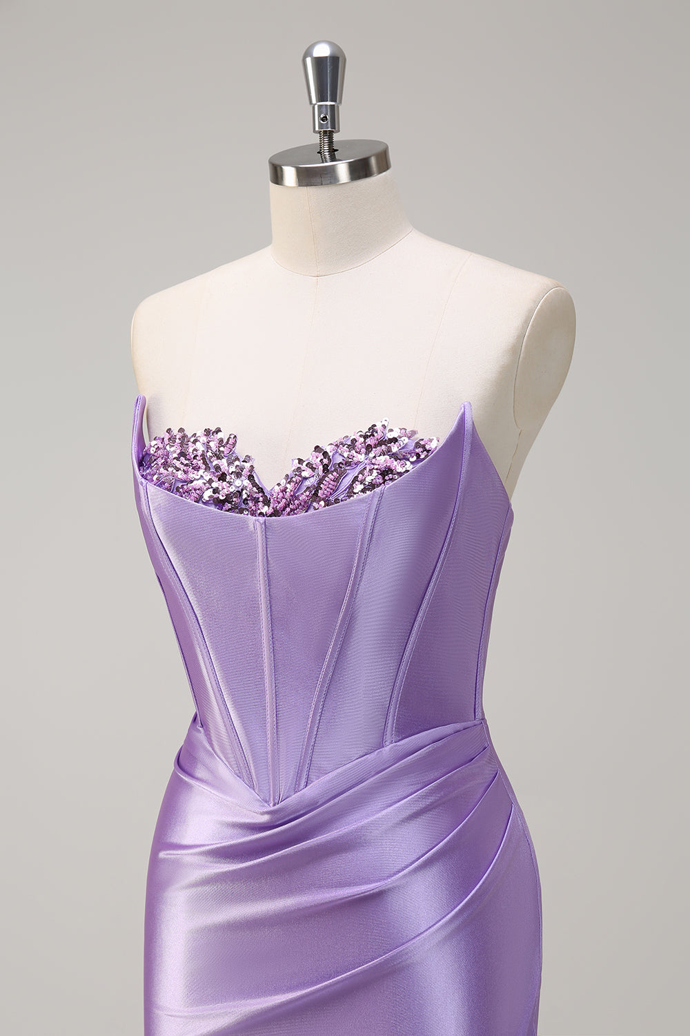 Corsé sin tirantes de sirena azul real Vestido de fiesta largo fruncido de lentejuelas con abertura