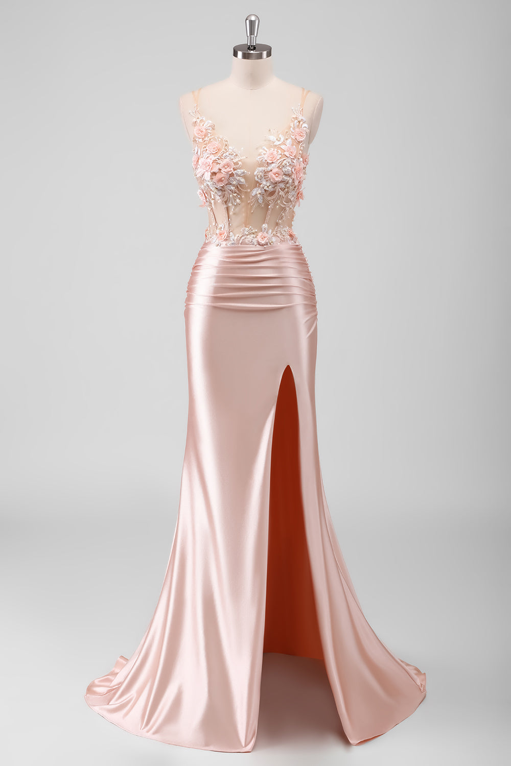 Corsé floral sirena melocotón Vestido largo de fiesta con abertura