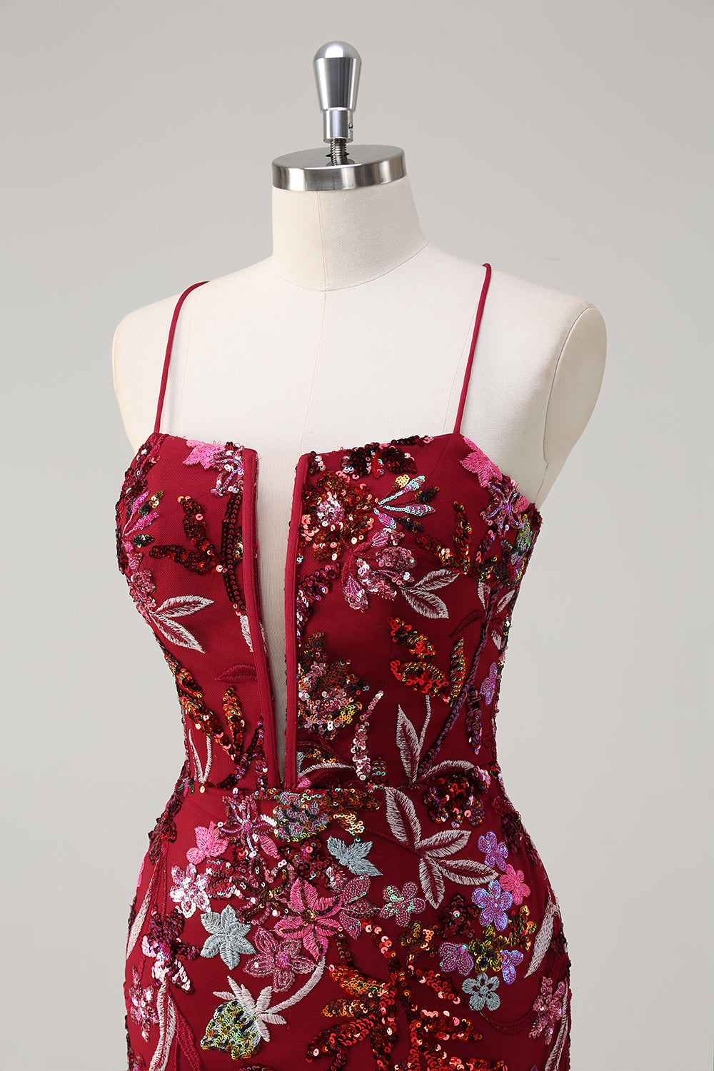 Vestido de fiesta floral de lentejuelas largas de lentejuelas burdeos brillantes con abertura