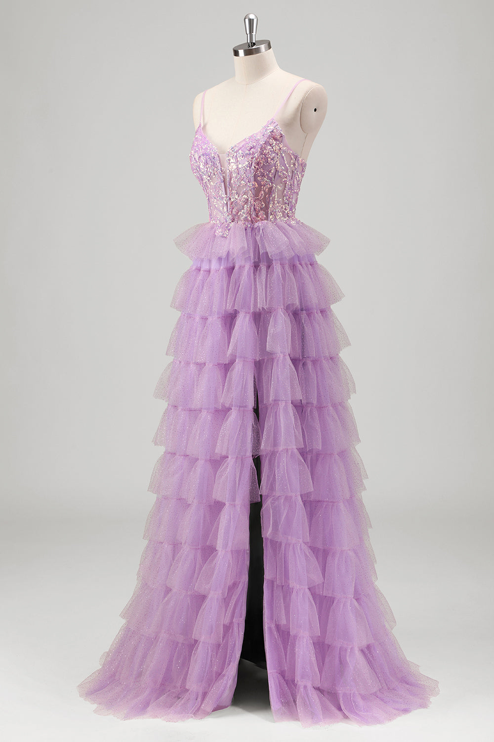 Vestido de fiesta brillante de lentejuelas lilas escalonadas de una línea con abertura
