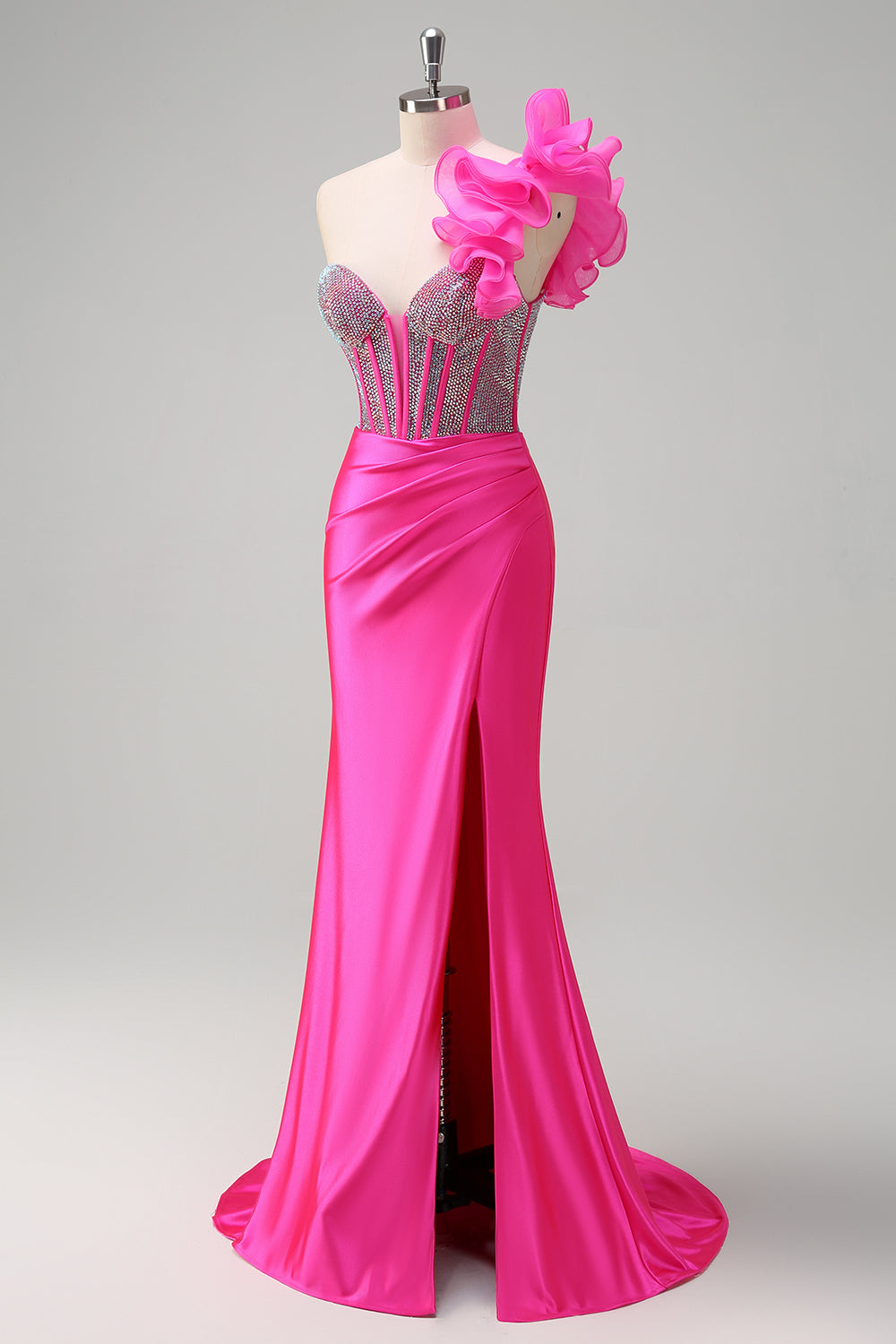 Sirena fucsia brillante con volantes extraíbles de un hombro Vestido de fiesta largo con abertura