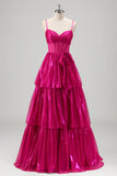 Sparkly A Line Corsé fucsia Tirantes de espagueti escalonados Vestido de fiesta metálico