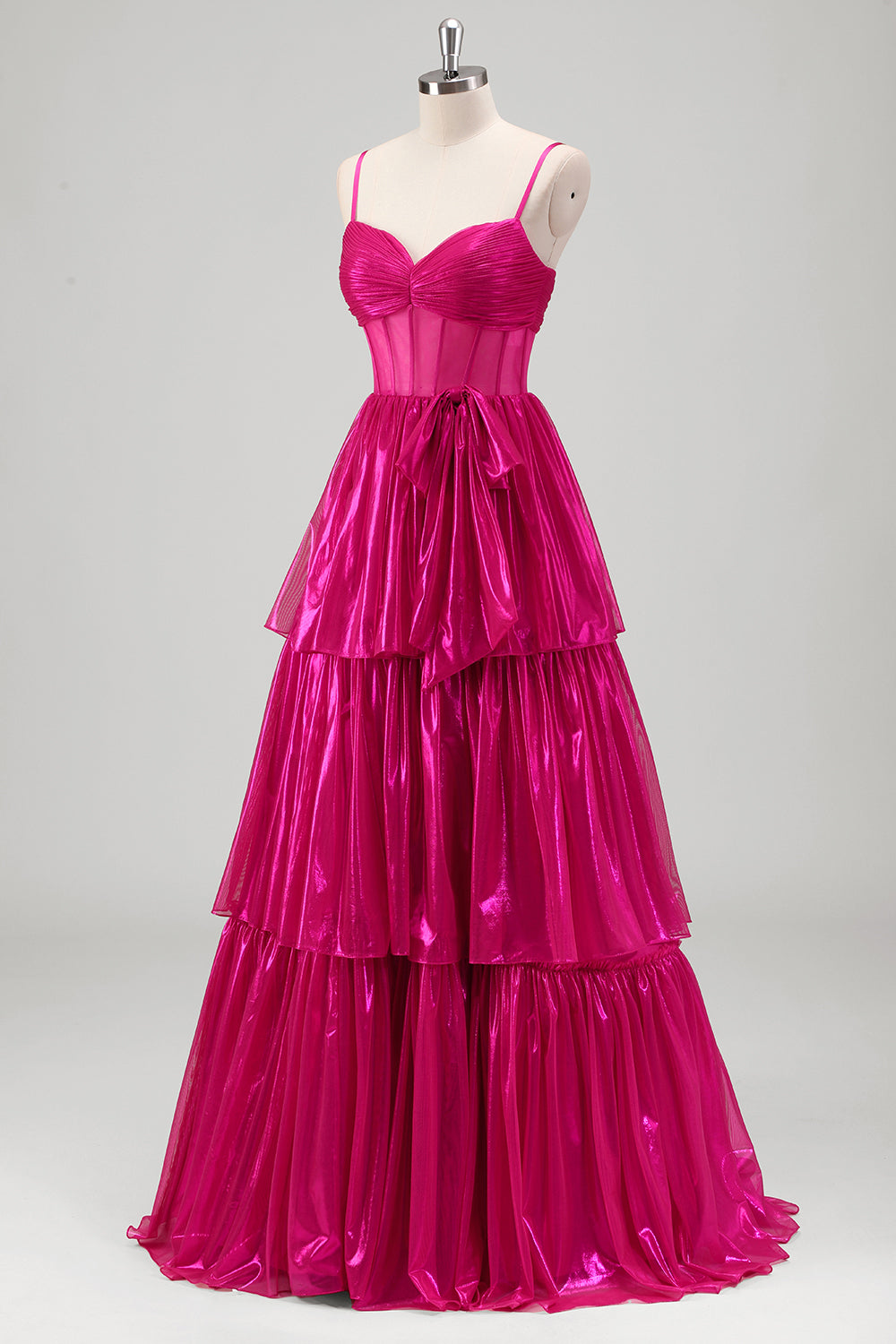 Sparkly A Line Corsé fucsia Tirantes de espagueti escalonados Vestido de fiesta metálico
