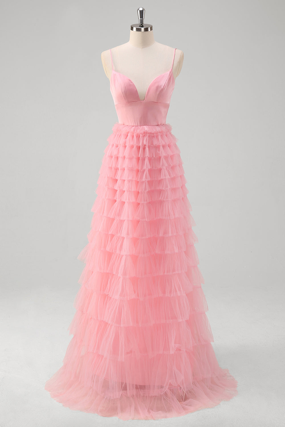 Vestido de fiesta largo de tul con tirantes de espagueti de línea A rosa
