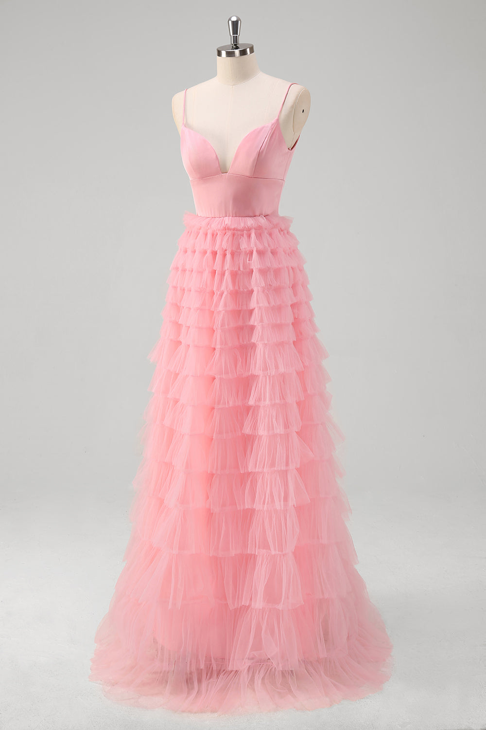 Vestido de fiesta largo de tul con tirantes de espagueti de línea A rosa