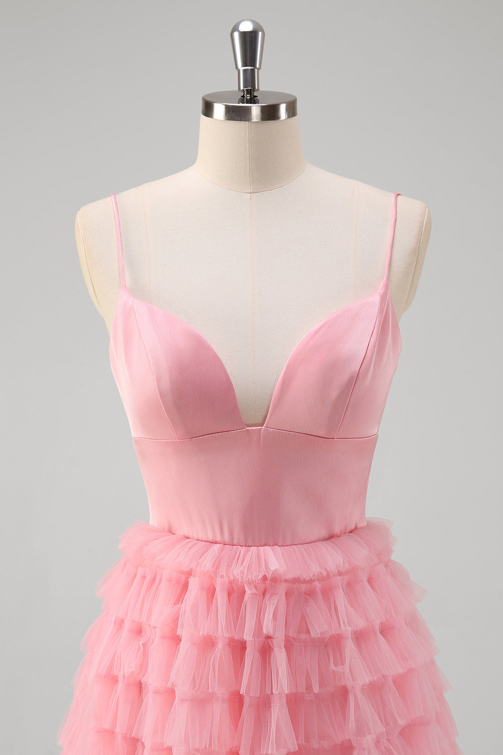 Vestido de fiesta largo de tul con tirantes de espagueti de línea A rosa