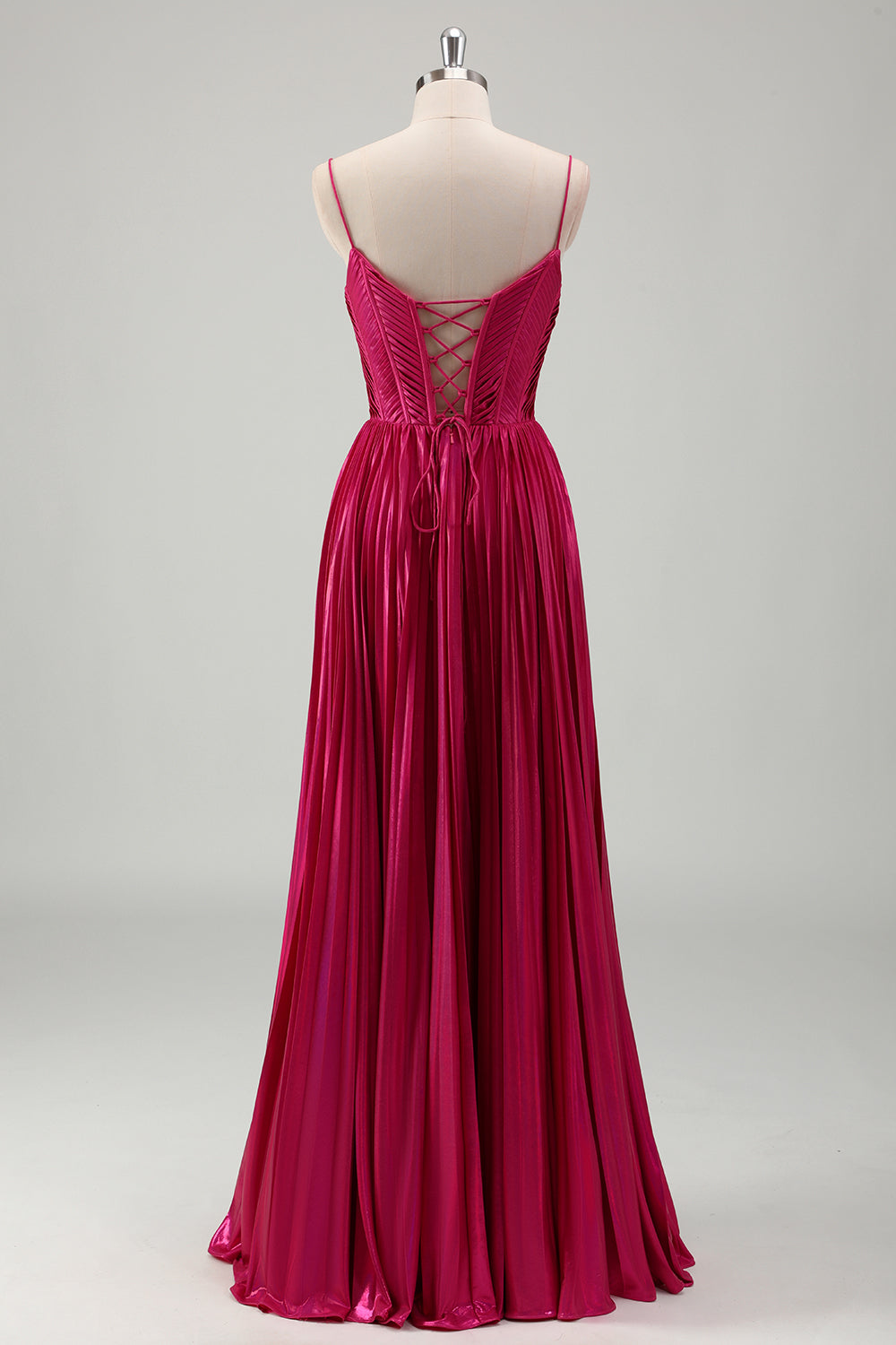 Vestido de fiesta plisado con corsé de tirantes finos fucsia de una línea con cordones en la espalda