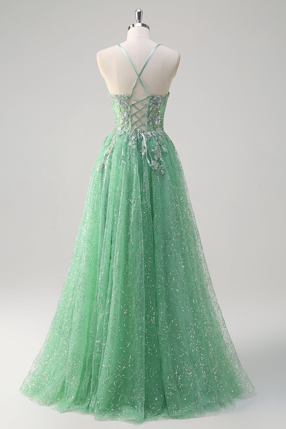 Verde claro brillante A Line Spaghetti Tirantes Corsé Tulle Vestido de Fiesta con Abertura