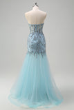 corsé sin tirantes de sirena azul claro brillante vestido de fiesta largo con cuentas y abertura