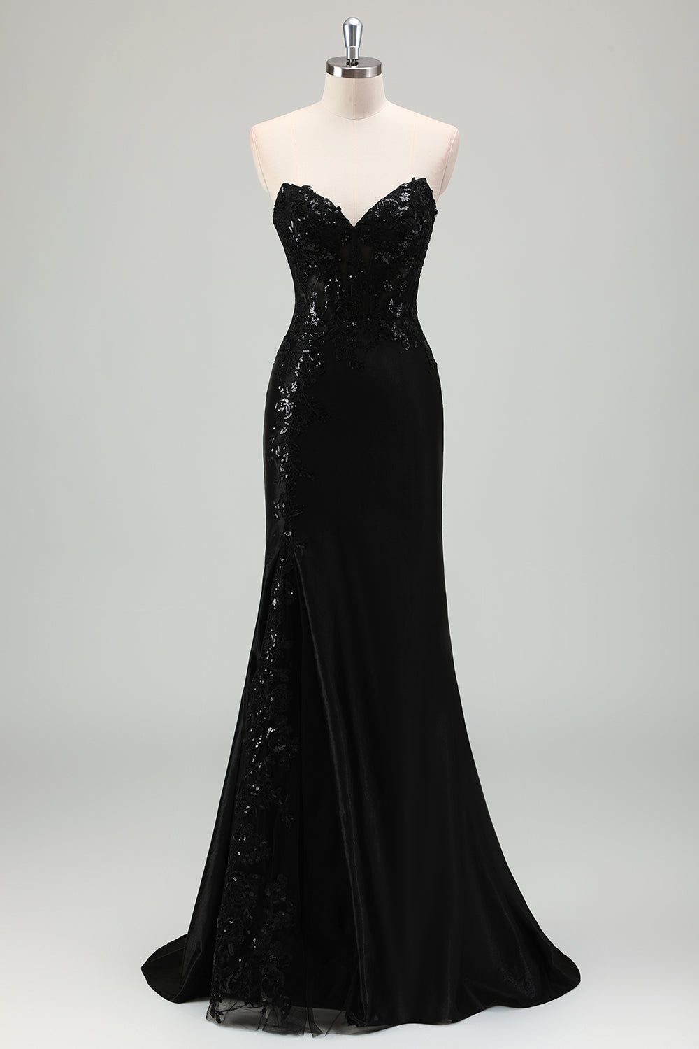 Vestido de fiesta largo con apliques de corsé sin tirantes de sirena negra brillante con abertura