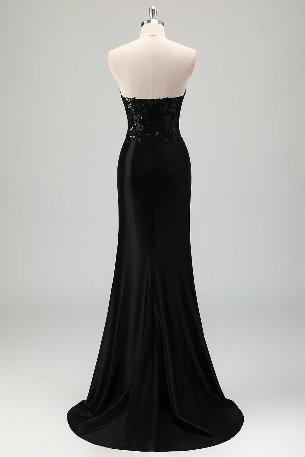 Vestido de fiesta largo con apliques de corsé sin tirantes de sirena negra brillante con abertura