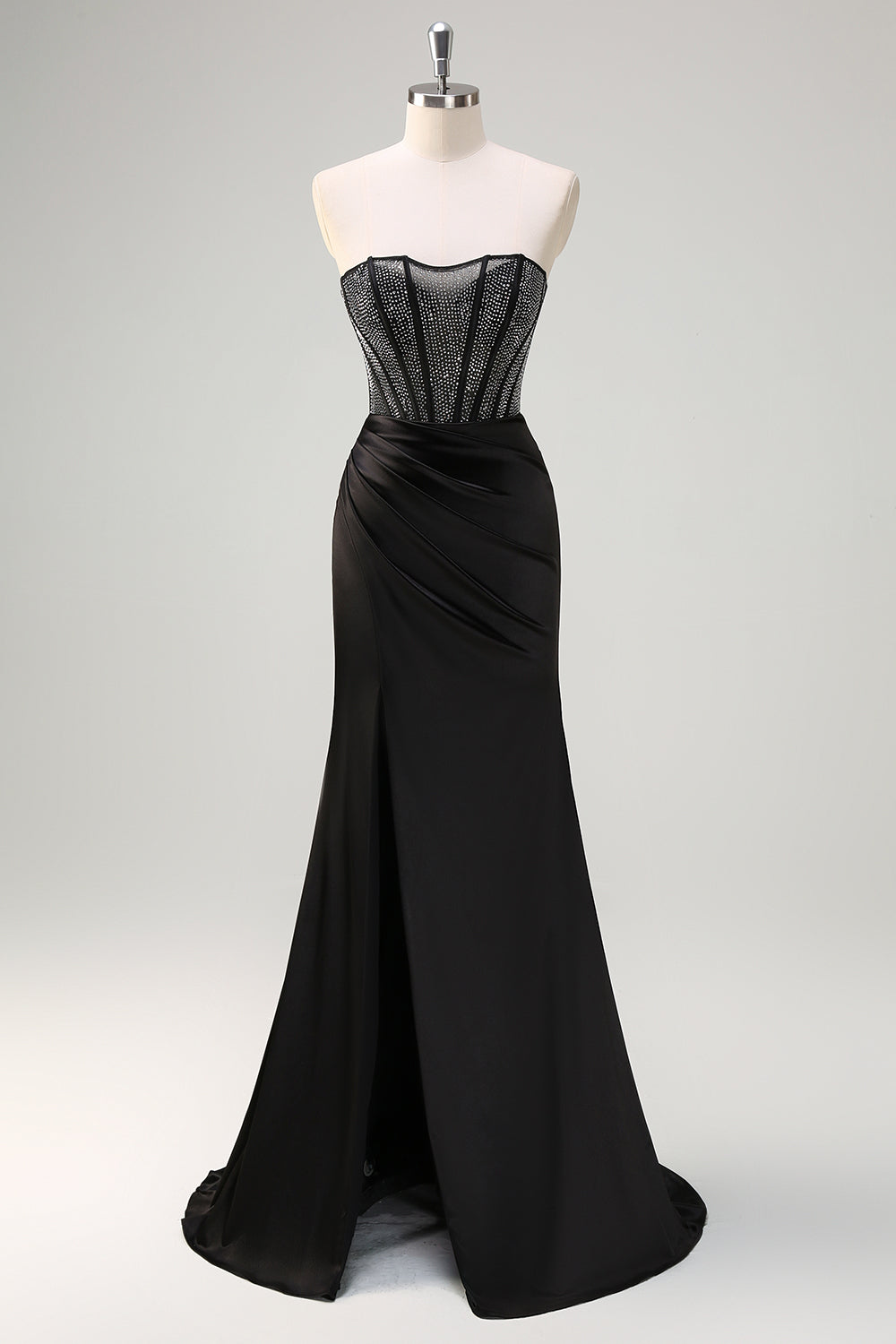Vestido largo de fiesta con corsé de satén fruncido sin tirantes de sirena negra con abalorios