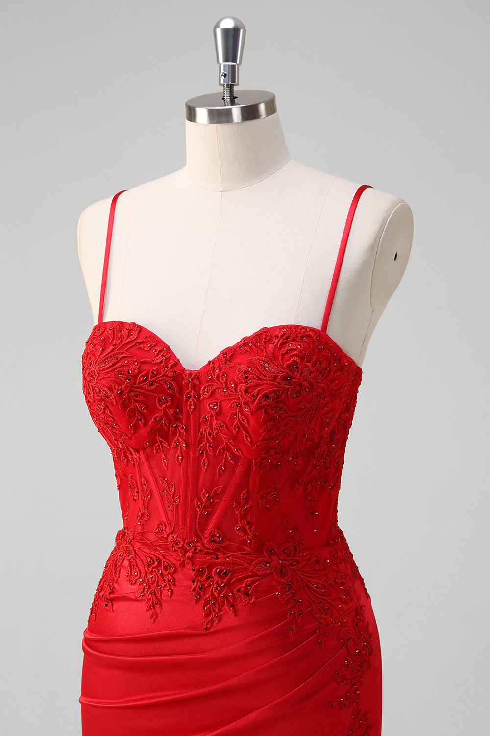 Tirantes de espagueti rojos Vestido de fiesta corsé largo de satén sirena con apliques