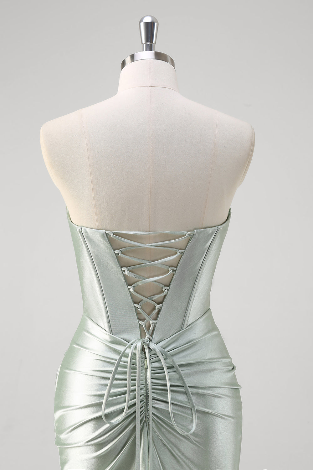 Matcha Sirena Novia Satén Vestido de Fiesta Corsé Largo Fruncido con Abertura