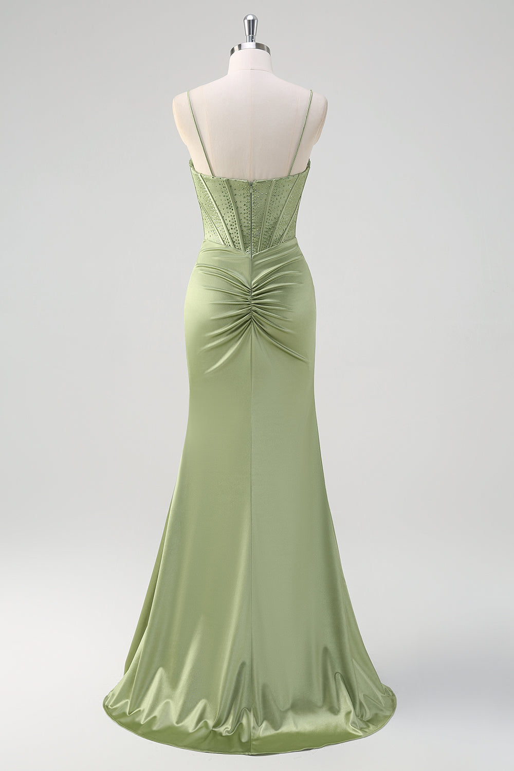 Corsé de tirantes de espagueti de sirena verde Vestido de fiesta largo con cuentas con abertura