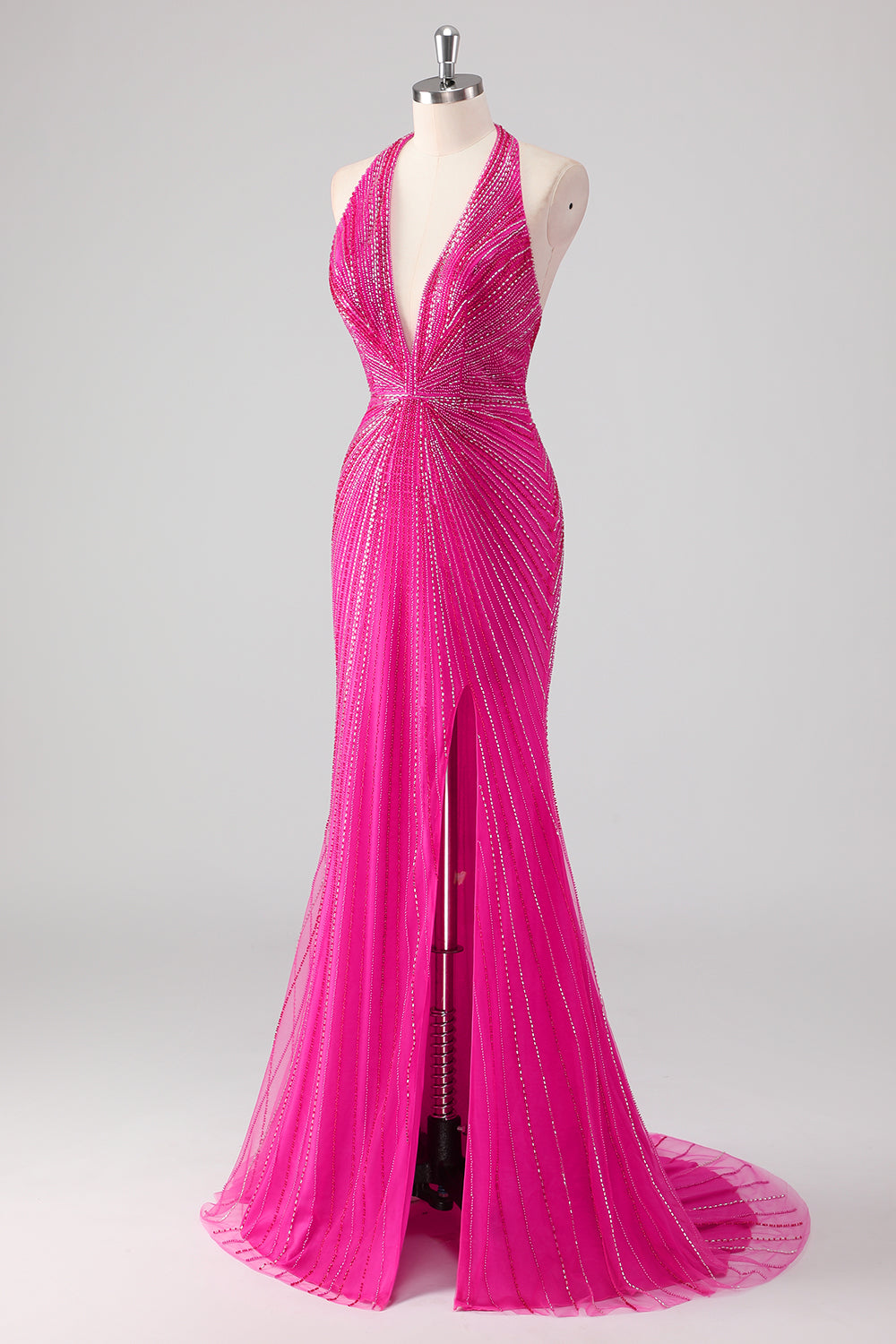 Vestido largo de fiesta con cuentas y espalda abierta de sirena fucsia con abertura