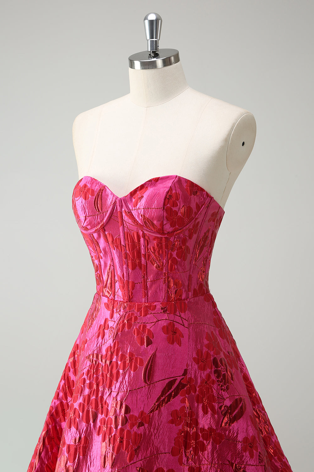 Vestido de fiesta con corsé largo de princesa jacquard floral fucsia con abertura