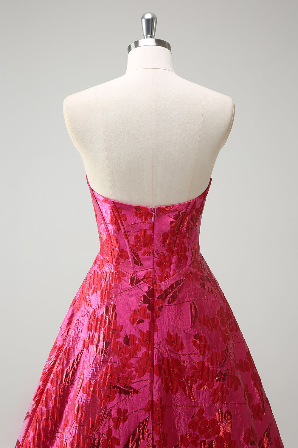 Vestido de fiesta con corsé largo de princesa jacquard floral fucsia con abertura
