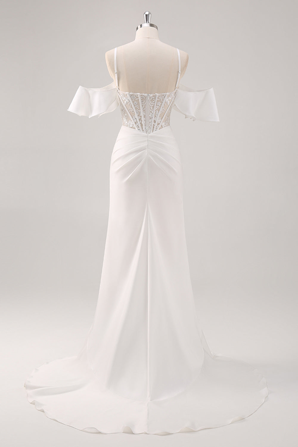 Corsé de hombro frío de sirena blanca con apliques Vestido de fiesta largo con abertura