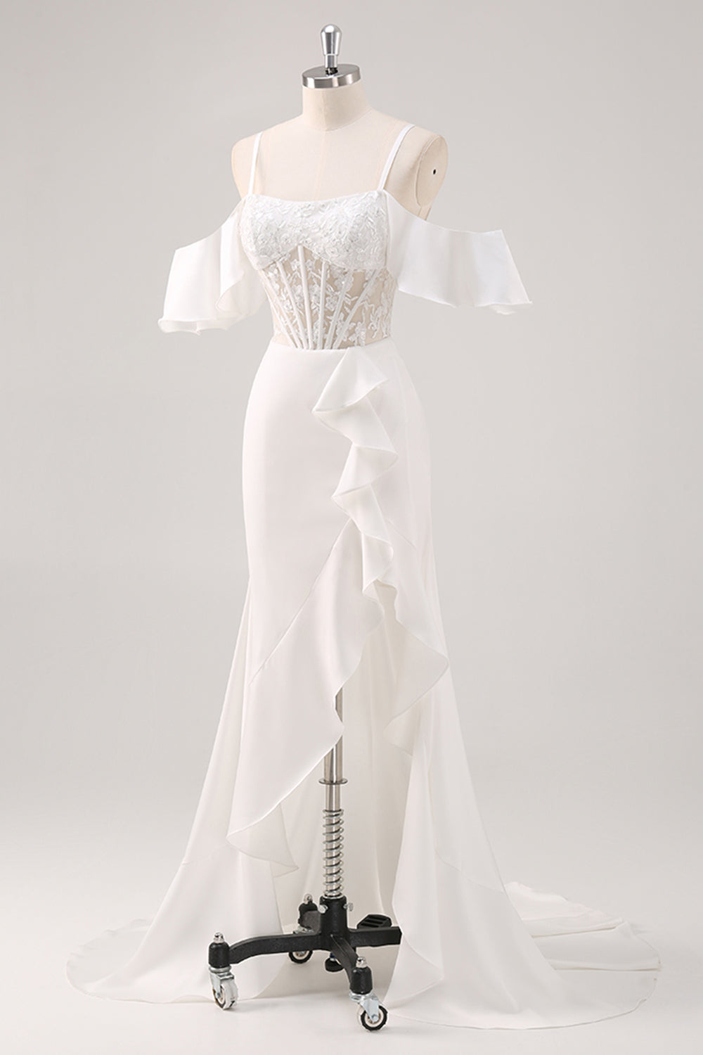 Corsé de hombro frío de sirena blanca con apliques Vestido de fiesta largo con abertura