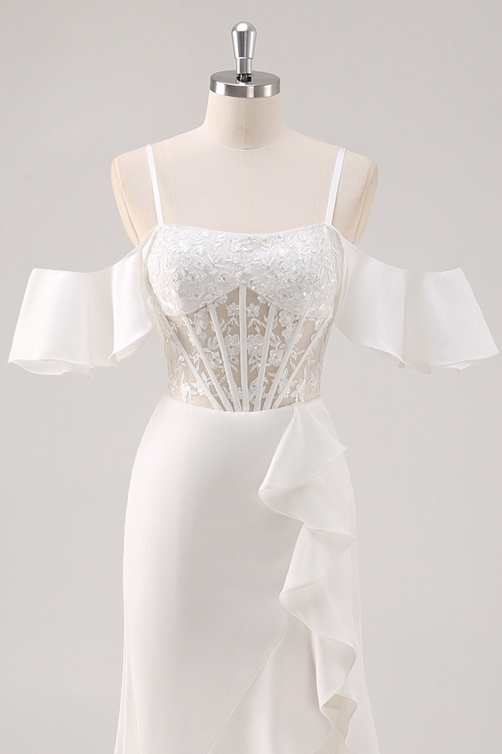 Corsé de hombro frío de sirena blanca con apliques Vestido de fiesta largo con abertura